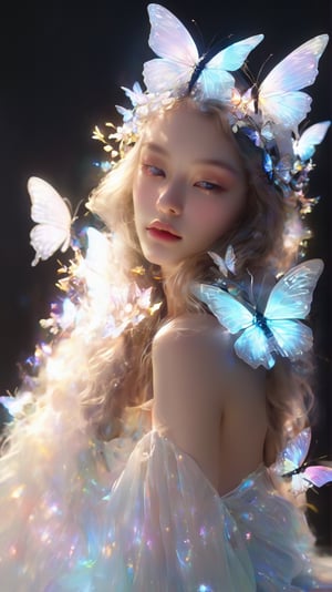 1girl, 20 year old mature female, mature female:2, 范冰冰, realistic artwork, high detailed, with glowing backlit panels, white translucent butterflyies, (holographic iridescent gradient) butterfly wings, very thin white translucent butterfly thorax, small and abstract buttefly thorax and head, glowing, black background:10, grainy, shiny, pastel colors:3, colorful (yellow, white, pink, light blue), aura_glowing, colored_aura, ((realistic skin)), contrasting shadows:4, photographic, (transparent_butterflies are part of her body), sleeping:1.4, butterfly_helmet, ((depth_of_field)), epic pose, realism, dreamy, dreamy background, detailed face, glowing strapless white dress, long hair, photo realistic, niji style, xxmixgirl, FilmGirl