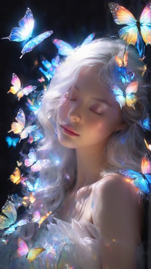 1girl, 20 year old mature female, mature female:2, 范冰冰, (holographic iridescent gradient) butterflies, glowing butterflies, realistic artwork, high detailed, with glowing backlit panels, black background:5, grainy:3, shiny:3, vibrant colors, colorful (yellow, white, pink), ((realistic skin)), contrasting shadows:4, photographic, aura_glowing, colored_aura, transparent_clothing, (transparent_butterflies are part of her body), sleeping:1.4, butterfly_helmet, ((depth_of_field)), epic pose, realism, dreamy, complex background, enchanting dark forest background, very complex background, dreamy background, colorful fireflies, detailed face, glowing strapless white dress, glowing translucent hair, white hair, long hair, photo realistic, niji style, xxmixgirl, FilmGirl,FilmGirl