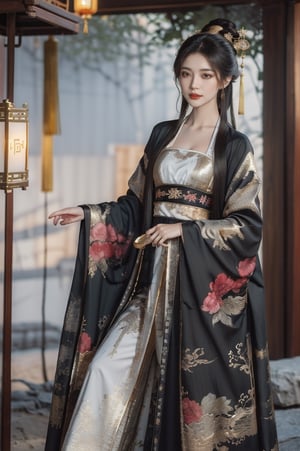 mature, fully clothed, (extremely detailed CG unity 8k wallpaper), ANCIENT_CHINESE_CASTLE_GARDEN_BACKGROUND, (((masterpiece))), (((best quality))), ((ultra-detailed)), (best illustration), long black hair, ambiguous smile, show navel, elegant clothes, fully clothed, ancient chinese cloth, elegant poses, (best shadow), ((an extremely delicate and beautiful)), ((gold-red black theme: 1.5)), high contrast,  Embody the allure of an ancient princesse, exuding beauty, sensuality, and charm. mesmerizing eyes, conveying mystery and allure, elegant and alluring, a slender physique, thin waist, and an aura of mystique, adorned with intricate patterns or ornate details, ink, fujimotostyle, oilpainting, tangdynastyhanfu, chang