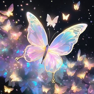 1 white translucent butterfly, (holographic iridescent gradient) butterfly wings, white translucent butterfly body, glowing, black background:10, grainy:3, shiny:3, pastel colors:3, colorful (yellow, white, pink), aura_glowing, colored_aura, center of frame, no_human, niji style