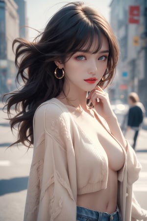 masterpiece, high-quality realistic photo, high resolution photo, high-quality, 8K, natural and soft lighting, high contrast, sharp-focus, upper-body, (detailed face:1.1), in the city,
beautiful-european-1girl, fair smooth skin, gold long hair, hair blowing in the wind, dull bangs, red lips, medium breasts, small earing,                                                                                    
(white Nipple-revealing sweater, jeans),Realism,Detailedface, ((nude)), boobs naked, nipple, nsfw