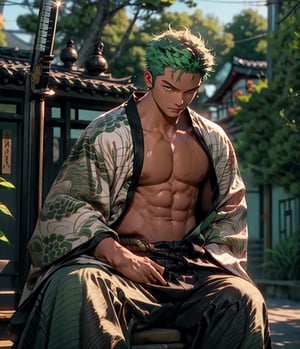 1boy, samurai, toned, cowboy_shot, cherry, wearing open Yukata, blossom pathway ,Zoro, scar across eye, green hair, short hair, show abs, nipples,
realistic, masterpiece, intricate details, detailed background, depth of field,HIGHLY DETAILED,perfecteyes, The right hand holds a black bladed katana