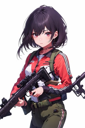 masterpiece, high quality, 1girl, simple background, holding rifle, running pose, High detailed , firing gun