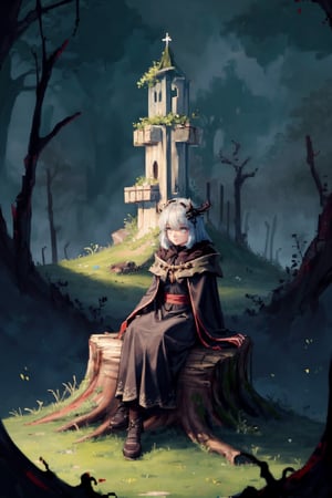 8k, masterpiece, ultra detail, cinematic lighting, pixel, pixel_art, 1girl, beautiful eyes, wearing intricate black robes@etched with ancient runes, ancient forest scene, sitting in grass@against a log, facing camera, gloomy and dark atmosphere,