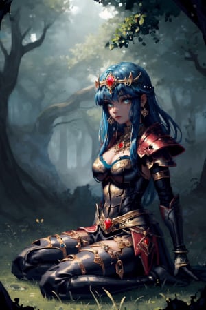 8k, masterpiece, ultra detail, cinematic lighting, pixel, pixel_art, 1girl, beautiful eyes, wearing a circlet filled with bright jewels, wearing intricate black armor, ancient forest scene, sitting in grass, facing camera, gloomy and dark atmosphere, extreme close up,