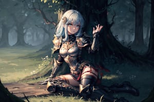 8k, masterpiece, ultra detail, cinematic lighting, pixel, pixel_art, 1girl, beautiful eyes, wearing intricate black armor etched with ancient sigils, ancient forest scene, sitting in grass against a log, facing camera, gloomy and dark atmosphere, (close up),