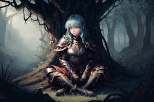 8k, masterpiece, ultra detail, cinematic lighting, pixel, pixel_art, 1girl, beautiful eyes, wearing intricate black armor etched with ancient sigils, ancient forest scene, sitting in grass against a log, facing camera, gloomy and dark atmosphere, (close up),