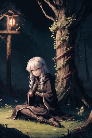 8k, masterpiece, ultra detail, cinematic lighting, pixel, pixel_art, 1girl, beautiful eyes, wearing intricate black robes@etched with ancient runes, ancient forest scene, sitting in grass@against a log, facing camera, gloomy and dark atmosphere, (close up),