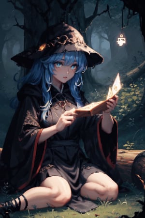 8k, masterpiece, ultra detail, cinematic lighting, pixel, pixel_art, 1girl, beautiful eyes, wearing intricate black robes@etched with ancient runes, ancient forest scene, sitting in grass@against a log, facing camera, gloomy and dark atmosphere, (close up),