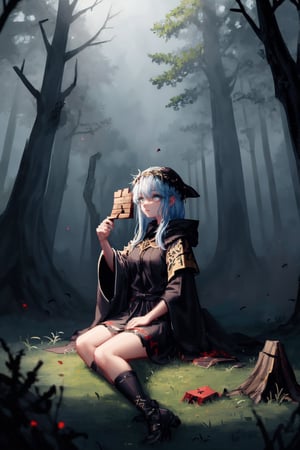 8k, masterpiece, ultra detail, cinematic lighting, pixel, pixel_art, 1girl, beautiful eyes, wearing intricate black robes@etched with ancient runes, ancient forest scene, sitting in grass@against a log, facing camera, gloomy and dark atmosphere,