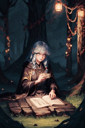 8k, masterpiece, ultra detail, cinematic lighting, pixel, pixel_art, 1girl, beautiful eyes, wearing intricate black robes@etched with ancient runes, ancient forest scene, sitting in grass@against a log, facing camera, gloomy and dark atmosphere, (close up),