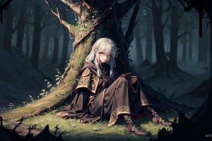 8k, masterpiece, ultra detail, cinematic lighting, pixel, pixel_art, 1girl, beautiful eyes, wearing intricate black robes etched with ancient runes, ancient forest scene, sitting in grass against a log, facing camera, gloomy and dark atmosphere, (close up),