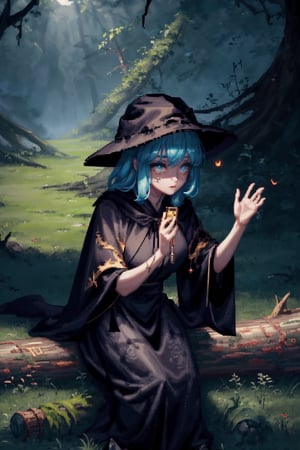 8k, masterpiece, ultra detail, cinematic lighting, pixel, pixel_art, 1girl, beautiful eyes, wearing intricate black robes@etched with ancient runes, ancient forest scene, sitting in grass@against a log, facing camera, gloomy and dark atmosphere, close up,