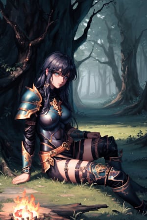 masterpiece, ultra detail, cinematic lighting, pixel, pixel_art, 1girl, beautiful eyes, wearing intricate black armor etched with ancient sigils, ancient forest scene, sitting in grass against a log, facing camera, gloomy and dark atmosphere, (close up), destroyed clothing,