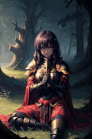 masterpiece, ultra detail, cinematic lighting, pixel, pixel_art, 1girl, beautiful eyes, wearing intricate black armor etched with ancient sigils, ancient forest scene, sitting in grass against a log, facing camera, gloomy and dark atmosphere, (close up), destroyed clothing,