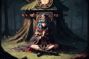 8k, masterpiece, ultra detail, cinematic lighting, pixel, pixel_art, 1girl, beautiful eyes, wearing intricate black robes etched with ancient runes, ancient forest scene, sitting in grass against a log, facing camera, gloomy and dark atmosphere, (close up),