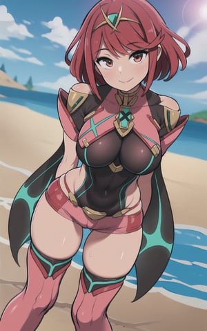 red_hair,legs,smile,masterpiece,best quality,ultra detailed,highly detailed, scenery,solo,looking at viewer,pyra \(xenoblade\),sunny day,bent_over,between_breasts,mythra \(xenoblade\),leotard, red shorts, short shorts,thighhighs,tiara,skin tight,