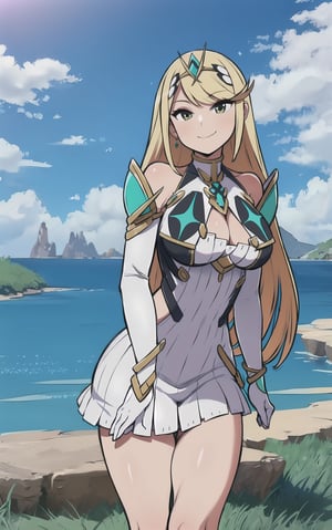 blonde_hair,legs,smile,masterpiece,best quality,ultra detailed,highly detailed, scenery,solo,looking at viewer,mythra \(xenoblade\),sunny day,tiara,cleavage,white dress,earrings,armor,elbow gloves,