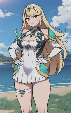 blonde_hair,legs,smile,masterpiece,best quality,ultra detailed,highly detailed, scenery,solo,looking at viewer,mythra \(xenoblade\),sunny day,tiara,cleavage,white dress,earrings,armor,elbow gloves,hands_on_hips,crossed_legs_(standing)