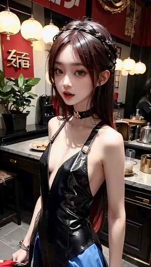 chinese slender tiny wife, nsfw, submissive, choker, tongue out, 39 years old, (black and reddish hair:1.3), slave, handcuffs, bondage