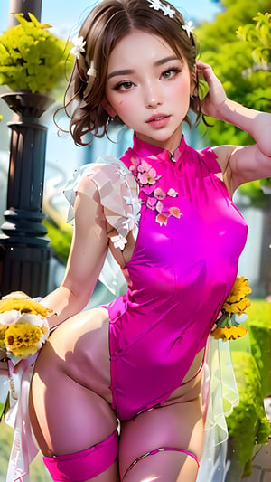 (hentai lingerie:1), sexy front view, pink and yellow flowers blooming, depth of field, Pink flowers and lighting bokeh as background , 1girl, (chinese naughty beauty:1) snow-white delicate skin, long light brown curly hair, and a silver hairpin on her head. The eyes are a deep brown color big and charming, wearing pink and white long Boss dress, choker, full of mysterious stories. With pale pink lips, smiling and loughing, charming and cute. FilmGirl, xxmix_girl, detailed eyes, perfect eyes, mouth small,  3d style, light bokeh backgroud,3d style,isni,Movie Still,3d,3d render,dream_girl ,blurry_light_background,,girl,see-through,