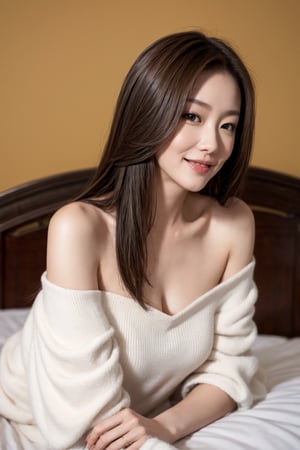 masterpiece, best quality, photorealistic, 1girl, Chinese, 39 years old, long hair, slender body, blouse, light smile, detailed skin, off_shoulder, lying on bed 