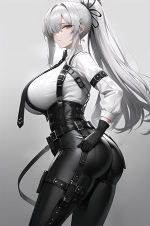 {high ponytail},masterpiece,ddot,white hair,huge_breasts,{cool expression},hair over 1 eyes,yellow_eyes,midjourney,white shirts  , strap,black necktie,corset ,,office,no expression,black pants,sukabe,belt,uneven backstrap,pants,stocking in pants,hair over a eyes,hair-ring-ribbon,black gloves,long sleeve,hole on sleeve,white jacket,grey background,big ass