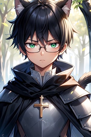 anime,portrait,male twink,(light tan skin:1.2),cat ears and tail,green eyes,short black hair,emotionless,square glasses,forest,black colour for fabric,white cross symbol,steel plate armour with cloak,medieval