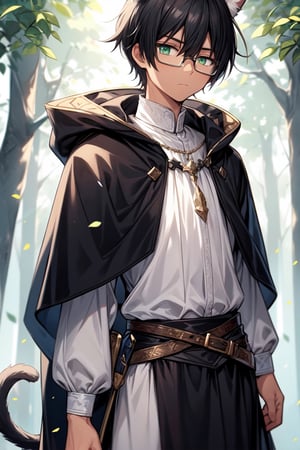anime,portrait,male twink,(light tan skin:1.2),cat ears and tail,green eyes,short black hair,emotionless,square glasses,forest,black colour for fabric,medieval,hauberk armour with cloak