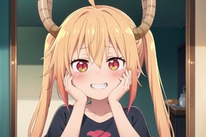 masterpiece, best quality, 1girl, solo, looking at viewer, blush, smile, shirt, hair between eyes, upper body, ahoge, short sleeves, teeth, indoors, grin, hands up, black shirt, t-shirt, hands on own face, hands on own cheeks, midjourney,Anime, fantasy, magic, midjourney,tohru