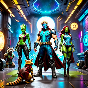 (((Star Lord, Rocket, Groot, Gamora, Drax the destroyer, Nebula) Guardians of the Galaxy))), digital_art, deep eyes, (((Mixed and blended bodies))), beautiful details and colours, happy colours, detailed bodies, sophisticated clothing, front view. High quality, high resolution, cinematic, photo_realistic, hyperealistic, (((highly_detailed, extremely_detailed, ultra_detailed, hyper_detailed, beautiful, aesthetic, HD, UHD, head, hairs, face, ears, beard, eyebrows, eyes, pupils, irides, noise, mouth, lips, teeth, hands, objects, flora, fauna), masterpiece, best rendering, top quality), (best shadow, best light, best textures, best pixels), (clear background), (((enhance details of pixels, textures))), Movie Still, Film Still, ((perspective)), ((fullbody)), Sigma 30mm, HDR10+, (extremely clear CG unity 8k,) 8k, Unreal Engine 5, Ray Tracing dlss 3.5.,Movie Still,cyberpunk style,cyberpunk