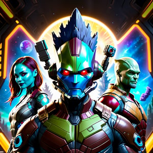 (((Star Lord, Rocket, Groot, Gamora, Drax the destroyer, Nebula) Guardians of the Galaxy))), digital_art, deep eyes, (((Mixed and blended bodies))), beautiful details and colours, happy colours, detailed bodies, sophisticated clothing, front view. High quality, high resolution, cinematic, photo_realistic, hyperealistic, (((highly_detailed, extremely_detailed, ultra_detailed, hyper_detailed, beautiful, aesthetic, HD, UHD, head, hairs, face, ears, beard, eyebrows, eyes, pupils, irides, noise, mouth, lips, teeth, hands, objects, flora, fauna), masterpiece, best rendering, top quality), (best shadow, best light, best textures, best pixels), (clear background), (((enhance details of pixels, textures))), Movie Still, Film Still, ((perspective)), ((fullbody)), Sigma 30mm, HDR10+, (extremely clear CG unity 8k,) 8k, Unreal Engine 5, Ray Tracing dlss 3.5.,Movie Still,cyberpunk style