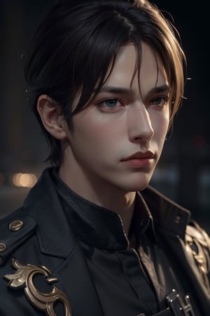 1man, solo focus, young adult, black short hair, golden eyes, handsome chiseled face, strong jawline and sculpted features, stern and aloof man, military officer, realistic, stern and defiance look, LEON S. KENNEDY, handsome, aloof,  slightly muscular, cinematic lighting, unreal engine, trending on ArtStation, intricate details, masterpiece, best quality, by Irakli Nadar, Greg Rutkowski,(((best quality))),(((ultra detailed))),(((masterpiece))),Detailedface,realhands,4rmorbre4k,(MkmCut),eren_yeager