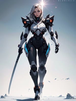 RAW photo, Best picture quality, high resolution, 8k, HDR, highres, (absurdres:1.2), realistic, sharp focus, realistic image of elegant lady, Korean beauty, supermodel, pure gray hair, blue eyes, wearing high-tech cyberpunk style gray samurai mecha suit, Matte carbon color, matte suit, mecha, Material Titanium , perfectly customized high-tech suit, ice theme, custom design, 1 girl, swordup, looking at viewer, robot, lens flare, (vibrant color:1.2),samurai
,hourglass body shape