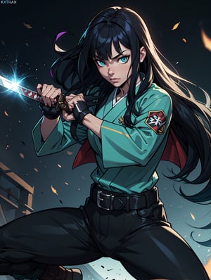 solo, long hair, looking at viewer, bangs, black hair, long sleeves, 1boy, holding, weapon, male focus, multicolored hair, japanese clothes, belt, pants, sword, holding weapon, aqua eyes, glowing, holding sword, black pants, katana, fighting stance, covered mouth, multicoloured dark vfx, colourful vfx, full vfx, demon slayer uniform
