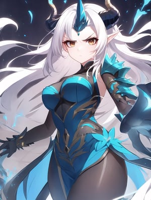 Wild mature female anthropomorphic dragon, covered in scales, scales, lightning themed, electric dragon, wearing extremely fancy armor, only singular horn from the middle of her forehead, fierce, serious, short wild white hair
,Colors