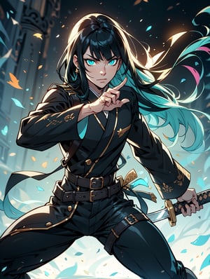 solo, long hair, looking at viewer, bangs, black hair, long sleeves, 1boy, holding, weapon, male focus, multicolored hair, japanese clothes, belt, pants, sword, holding weapon, aqua eyes, glowing, holding sword, black pants, katana, fighting stance, covered mouth, multicoloured dark vfx, colourful vfx, full vfx, demon slayer uniform
,1 girl