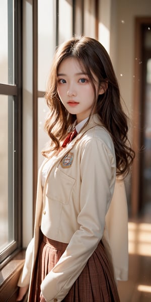 1 girl, high resolution, curly hair, shoulder exposure, winter indoors, clean background, natural soft light, delicate facial features, beautiful Korean girl, 20 years old, glamorous body, (gorgeous hair, half red, half Brown: 1.2), film grain, real hands, cowboy shot, school_uniform