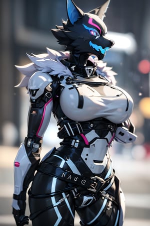 RAW photo, Best picture quality, high resolution, HDR, highres, (absurdres:1.2), realistic, sharp focus, realistic image of elegant furry anthro woman, beauty, supermodel, pure white hair, red eyes, wearing high-tech cyberpunk style blue mecha suit, radiant Glow, sparkling suit, mecha, perfectly customized high-tech suit, ice theme, custom design, 1 girl,furry, anthro, wolf,black fur, body fur, wolf face, blue tongue,pink eyes, blue sclera,eye scar, scar across face,collar, wolf girl, furry wolf, swordup, looking at viewer, robot,  lens flare, (vibrant color:1.2),1girl, hourglass body shiape,highwire