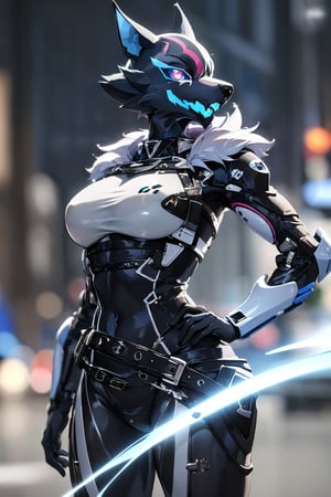 RAW photo, Best picture quality, high resolution, HDR, highres, (absurdres:1.2), realistic, sharp focus, realistic image of elegant furry anthro woman, beauty, supermodel, pure white hair, red eyes, wearing high-tech cyberpunk style blue mecha suit, radiant Glow, sparkling suit, mecha, perfectly customized high-tech suit, ice theme, custom design, 1 girl,furry, anthro, wolf,black fur, body fur, wolf face, blue tongue,pink eyes, blue sclera,eye scar, scar across face,collar, wolf girl, furry wolf, swordup, looking at viewer, robot,  lens flare, (vibrant color:1.2),1girl, hourglass body shiape,highwire