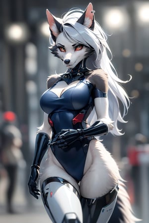 RAW photo, Best picture quality, high resolution, HDR, highres, (absurdres:1.2), realistic, sharp focus, realistic image of elegant furry anthro woman, beauty, supermodel, pure white hair, red eyes, wearing high-tech cyberpunk style blue mecha suit, radiant Glow, sparkling suit, mecha, perfectly customized high-tech suit, ice theme, custom design, 1 girl,furry, anthro, hellhound, grey fur, white fur, body fur, wolf face, wolf girl, furry wolf, swordup, looking at viewer, robot,  lens flare, (vibrant color:1.2),1girl,loona,loonacroptop