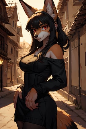 Uploaded on e621, by Pixelsketcher, by Bayard Wu, by Thomas Benjamin Kennington, by Einshelm, Solo, furry, anthro, fox, fox, Yor forger as a anthro fox with her assassin dress, yellow fur, white fur, fox ears, fox face, fox nose, red eyes, ((detailed fur)), ((fluffy body)), ((fluffy)), ((red eyes)), black eye liner, ((detailed eyes)), ((perfect eyes)),(detailed Bonifasko lighting), (detailed fur), (detailed skin), (cinematic lighting), (half shadow), (backlighting), (crepuscular ray), [detailed ambient light], [grey natural light], [ambient light], (higher wildlife feral detail), [sharp focus], ((masterpiece)), regular_breasts, (black long hair), perfect_eyes, perfect_body, outdoors, detailed city background, perfect_hands, tail , facing_viewer, potrait view, upper body portrait, standing, in a perfect black dress, perfect black dress, seductive look,bbyorf, short hair with long locks,white hairband,black pantyhose, long sleeves, sweater dress,red sweater, off shoulder, jewelry,large breasts, gold earrings