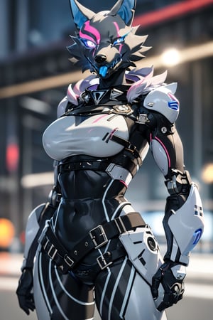 RAW photo, Best picture quality, high resolution, HDR, highres, (absurdres:1.2), realistic, sharp focus, realistic image of elegant furry anthro woman, beauty, supermodel, pure white hair, red eyes, wearing high-tech cyberpunk style blue mecha suit, radiant Glow, sparkling suit, mecha, perfectly customized high-tech suit, ice theme, custom design, 1 girl,furry, anthro, wolf,black fur, body fur, wolf face, blue tongue,pink eyes, blue sclera,eye scar, scar across face,collar, wolf girl, furry wolf, swordup, looking at viewer, robot,  lens flare, (vibrant color:1.2),1girl, hourglass body shiape,highwire