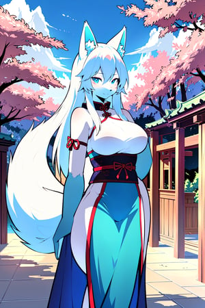 masterpiece,illustration,furry, standing, milf,furry anthro, matrue furry female, long white hair, regular breasts,furry Female fox,fox ears, fox tail ,blue body, (blue fur), blue eyes, wearing a chinese slited dress, open fly, outdoors, beautiful japanese background,karyl,Marlok artstyle, beautiful girl, beautiful girl ,perfecteyes, standing, posing, upper body potrait,amaterasu, perfect,KitsuneOW