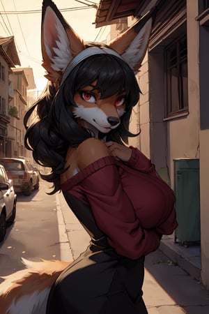 Uploaded on e621, by Pixelsketcher, by Bayard Wu, by Thomas Benjamin Kennington, by Einshelm, Solo, furry, anthro, fox, fox, Yor forger as a anthro fox with her assassin dress, yellow fur, white fur, fox ears, fox face, fox nose, red eyes, ((detailed fur)), ((fluffy body)), ((fluffy)), ((red eyes)), black eye liner, ((detailed eyes)), ((perfect eyes)),(detailed Bonifasko lighting), (detailed fur), (detailed skin), (cinematic lighting), (half shadow), (backlighting), (crepuscular ray), [detailed ambient light], [grey natural light], [ambient light], (higher wildlife feral detail), [sharp focus], ((masterpiece)), regular_breasts, (black long hair), perfect_eyes, perfect_body, outdoors, detailed city background, perfect_hands, tail , facing_viewer, potrait view, upper body portrait, standing, in a perfect black dress, perfect black dress, seductive look,bbyorf, short hair with long locks,white hairband,black pantyhose, long sleeves, sweater dress,red sweater, off shoulder, jewelry,large breasts, gold earrings