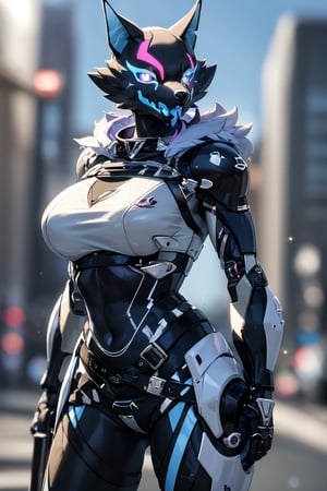 RAW photo, Best picture quality, high resolution, HDR, highres, (absurdres:1.2), realistic, sharp focus, realistic image of elegant furry anthro woman, beauty, supermodel, pure white hair, red eyes, wearing high-tech cyberpunk style blue mecha suit, radiant Glow, sparkling suit, mecha, perfectly customized high-tech suit, ice theme, custom design, 1 girl,furry, anthro, wolf,black fur, body fur, wolf face, blue tongue,pink eyes, blue sclera,eye scar, scar across face,collar, wolf girl, furry wolf, swordup, looking at viewer, robot,  lens flare, (vibrant color:1.2),1girl, hourglass body shiape,highwire