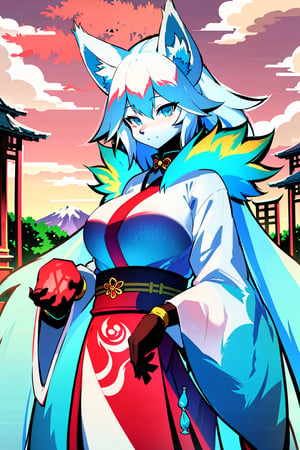 masterpiece,illustration,furry, standing, milf,furry anthro, matrue furry female, long white hair, regular breasts,furry Female fox,fox ears, fox tail ,blue body, (blue fur), blue eyes, wearing a chinese slited dress, open fly, outdoors, beautiful japanese background,karyl,Marlok artstyle, beautiful girl, beautiful girl ,perfecteyes, standing, posing, upper body potrait,amaterasu, perfect,KitsuneOW