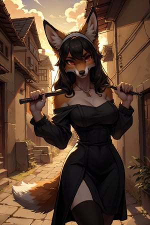 Uploaded on e621, by Pixelsketcher, by Bayard Wu, by Thomas Benjamin Kennington, by Einshelm, Solo, furry, anthro, fox, fox, Yor forger as a anthro fox with her assassin dress, yellow fur, white fur, fox ears, fox face, fox nose, red eyes, ((detailed fur)), ((fluffy body)), ((fluffy)), ((red eyes)), black eye liner, ((detailed eyes)), ((perfect eyes)),(detailed Bonifasko lighting), (detailed fur), (detailed skin), (cinematic lighting), (half shadow), (backlighting), (crepuscular ray), [detailed ambient light], [grey natural light], [ambient light], (higher wildlife feral detail), [sharp focus], ((masterpiece)), regular_breasts, (black long hair), perfect_eyes, perfect_body, outdoors, detailed city background, perfect_hands, tail , facing_viewer, potrait view, upper body portrait, standing, in a perfect black dress, perfect black dress, seductive look,bbyorf, short hair with long locks,white hairband,black pantyhose, long sleeves, sweater dress,red sweater, off shoulder, jewelry,large breasts, gold earrings