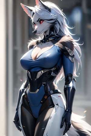 RAW photo, Best picture quality, high resolution, 8k, HDR, highres, (absurdres:1.2), realistic, sharp focus, realistic image of elegant furry anthro woman, beauty, supermodel, pure white hair, red eyes, wearing high-tech cyberpunk style blue mecha suit, radiant Glow, sparkling suit, mecha, perfectly customized high-tech suit, ice theme, custom design, 1 girl,furry, anthro, hellhound, grey fur, white fur, body fur, wolf face, wolf girl, furry wolf, swordup, looking at viewer, robot,  lens flare, (vibrant color:1.2),1girl,loona,loonacroptop