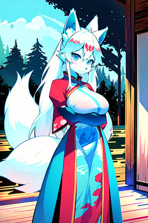 masterpiece,illustration,furry, standing, milf,furry anthro, matrue furry female, long white hair, regular breasts,furry Female fox,fox ears, fox tail ,blue body, (blue fur), blue eyes, wearing a chinese slited dress, open fly, outdoors, beautiful japanese background,karyl,Marlok artstyle, beautiful girl, beautiful girl ,perfecteyes, standing, posing, upper body potrait,amaterasu, perfect,KitsuneOW